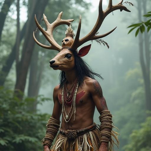 A male Maya dancer wears a sacred deer headdress with a carved deer face and lightweight antlers. Feathers and cloth wraps adorn the antlers. Costume includes a fiber skirt and red and white face paint. Dancer poses spiritually in a misty sacred forest.