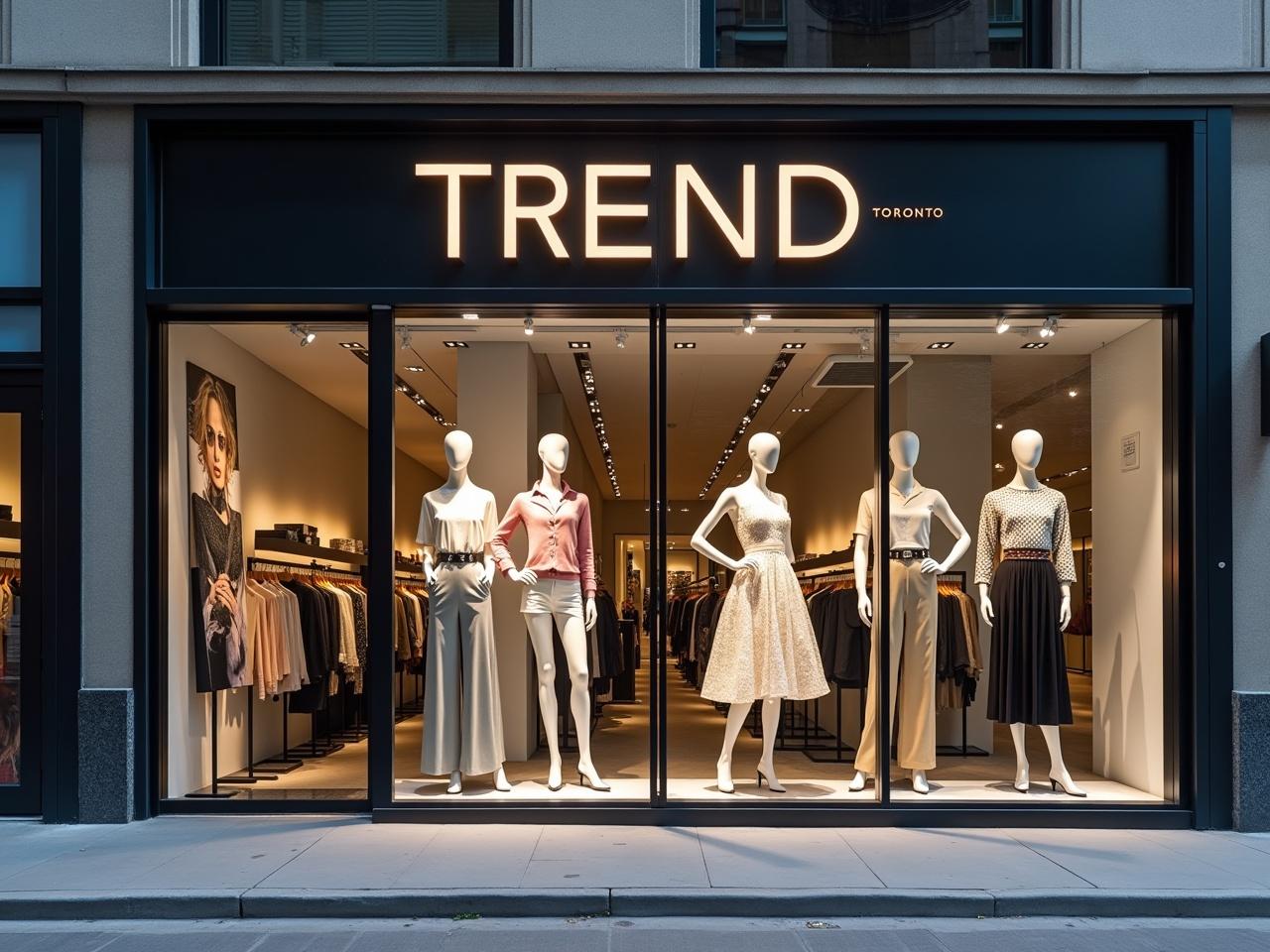 This image shows a stylish fashion store with the name 'TREND TORONTO' prominently displayed. The window features elegantly dressed mannequins showcasing a variety of clothing styles. The store has an inviting and modern design, attracting passersby on a city street. The lighting enhances the clothing's details, making the display appealing. This scene represents contemporary fashion retail and serves as an inspiration for others in the industry.