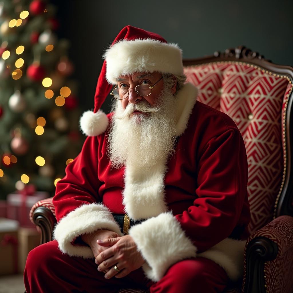 Realistic Santa in a festive setting. Santa appears disappointed. Background has holiday decorations with a Christmas tree and wrapped gifts.