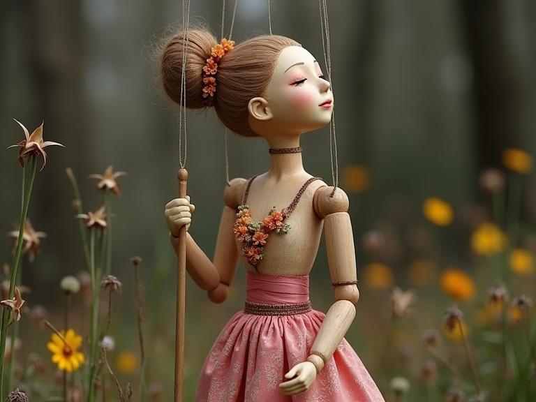 A wooden marionette puppet posed in a meadow surrounded by flowers. The puppet has floral decorations and a soft expression. It is manipulated through strings. Taken in natural setting.