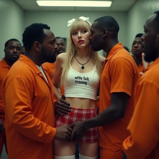 Taylor Swift in a prison cell scene. She wears a fitted white t-shirt with text, a red plaid miniskirt, and high heels. An older black man in an orange jumpsuit holds her tightly. Other male figures are present, creating a crowded atmosphere. Full body shot captures their expressions and surroundings.