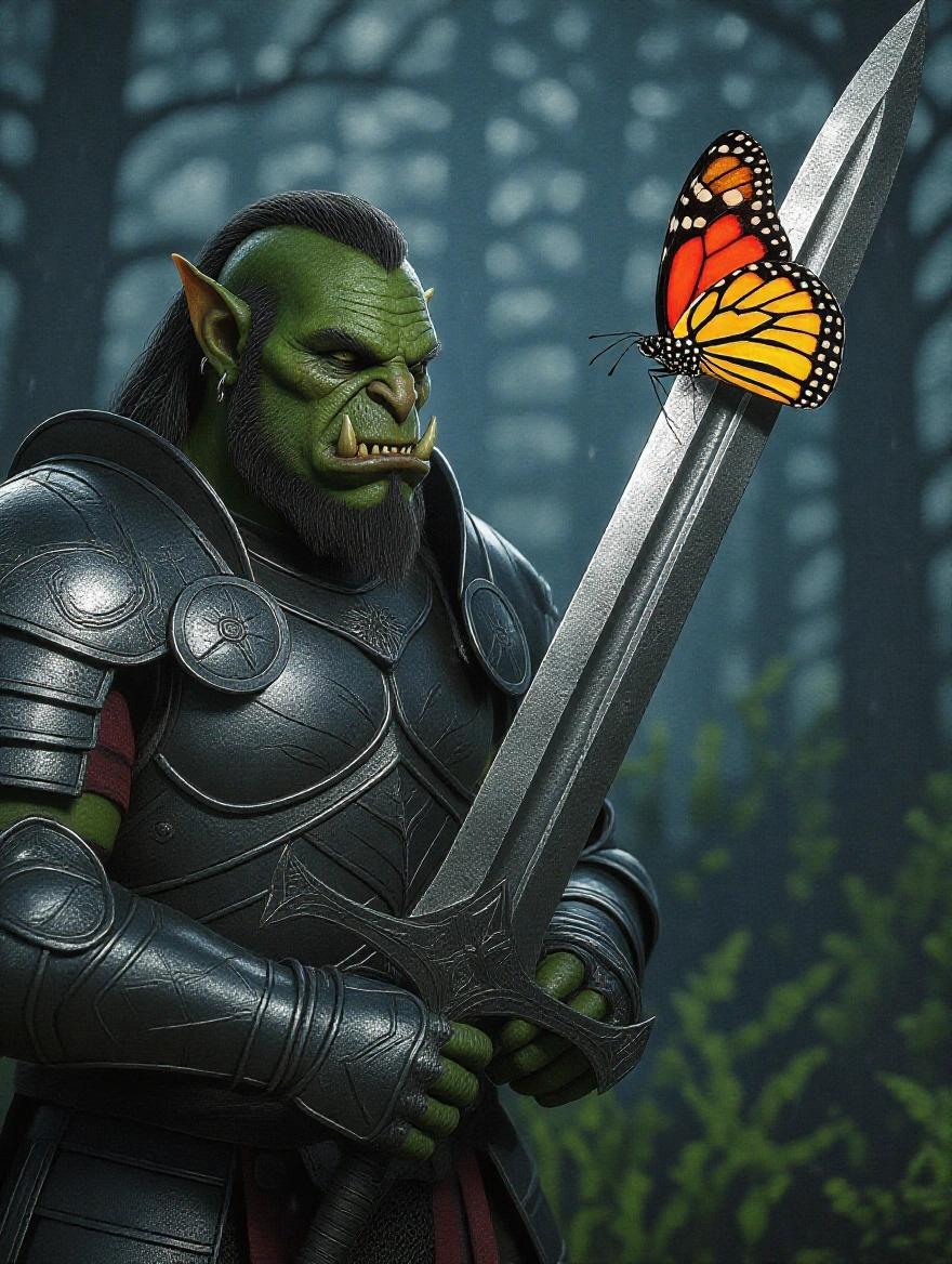 Realistic dark grim scene featuring an orc in full plate armor during night. Orc stares at a colorful butterfly resting on the pommel of his greatsword.