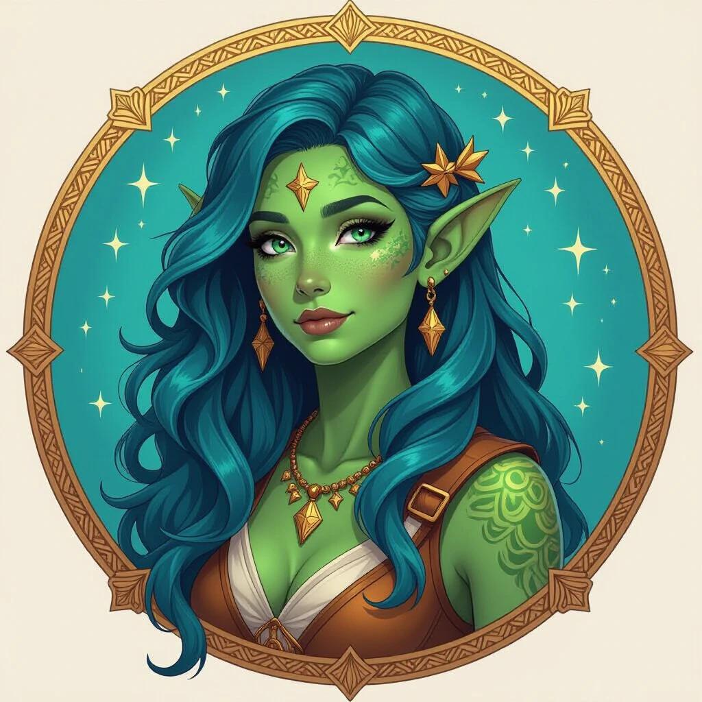 Female Triton druid with dark blue green hair. Celestial theme with a circle of stars. Portrayed in a realistic 3/4 angle. Features blue green scaled skin. Finned ears human legs. Wears Greek style outfit. Shows late teen years with star reader vibe.