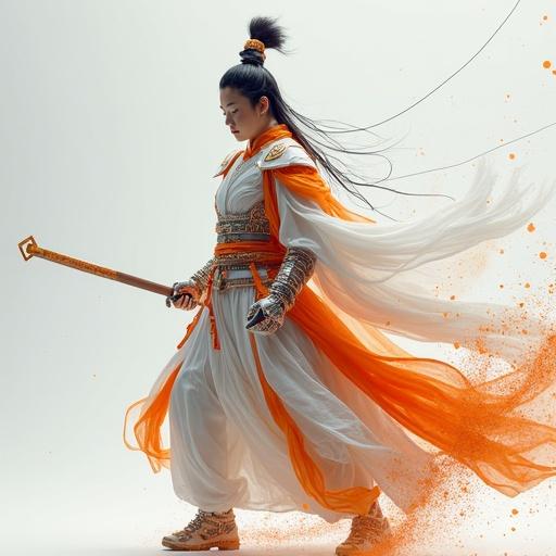 Elite warrior of the Silla Dynasty in a powerful dynamic fighting pose wearing an ornate costume. The image combines elements of tradition and technology in a harmonious design. The color contrast of white and orange brings a sense of balance. The scene captures a cultural evolution with visual intensity.