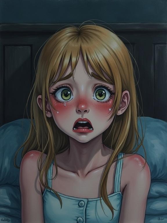 Realistic watercolor painting of a scared and tearful high school girl in a dark bedroom. Her expression shows fear and sadness. She has light hair and is barechested. The scene has a dramatic emotional tone.