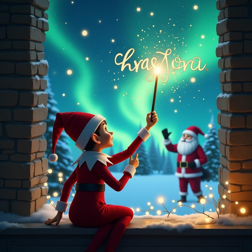 This enchanting image features an elf on the shelf seated with its back to the viewer, looking up into a vibrant night sky. The elf holds a magical wand, with glittering particles emerging as it writes 'Cason and Paisley' in an ethereal, whimsical script. In the background, the captivating northern lights illuminate the snowy landscape, adding a magical glow to the scene. Santa Claus is seen in the distance, adding to the festive atmosphere of the moment. Twinkling lights adorn the window frame, enhancing the warm, seasonal feeling of the image.