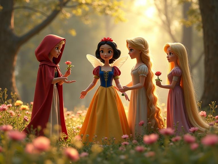 3D illustration of fairy tale characters in a forest. Little Red Riding Hood, Snow White, Rapunzel, and Cinderella interact among flowers. Digital art with golden lighting and art nouveau style.
