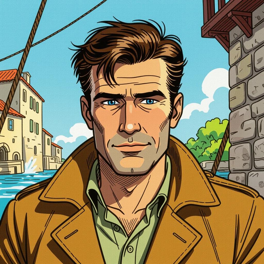 Graphic illustration of a fictional character. The character looks adventurous wearing a brown coat. Background features a coastal village with water. Buildings are classic with red roofs. Scene conveys a sense of exploration and excitement.