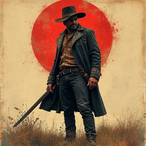 Vintage style artwork depicting a man in cowboy attire holding a sword against a red circular background in a grunge style.