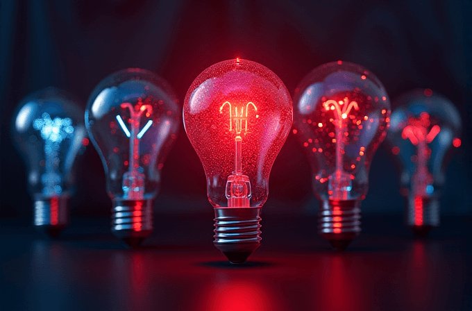 Four light bulbs with glowing red and blue filaments are arranged in a dimly lit setting.