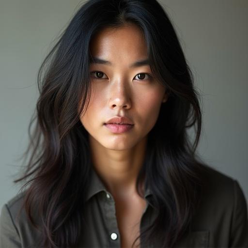 Capture a portrait of an Asian man with long straight hair. Focus on hair texture and style. Use soft natural lighting for the photo. The background should be neutral to enhance the subject.