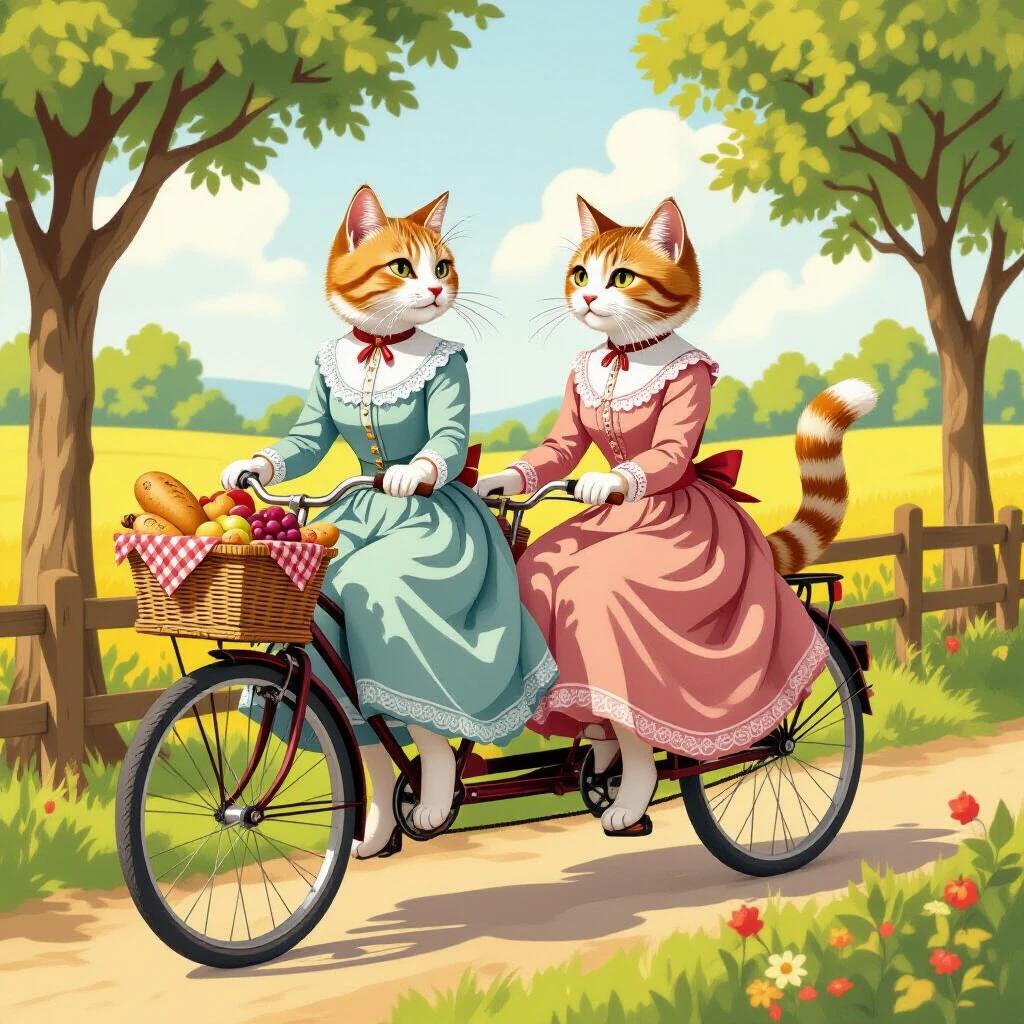 Two female cats with rounded bodies and digitigrade legs ride a tandem bicycle through a tree-lined path. Dressed in Victorian dresses, one in green and the other in pink. They have orange tabby and cream fur. A picnic basket on the bike holds bread, grapes, and apples. Background consists of fields and trees. A hand-painted storybook style with visible brushstrokes and muted colors. Soft golden-hour lighting creates a whimsical mood.