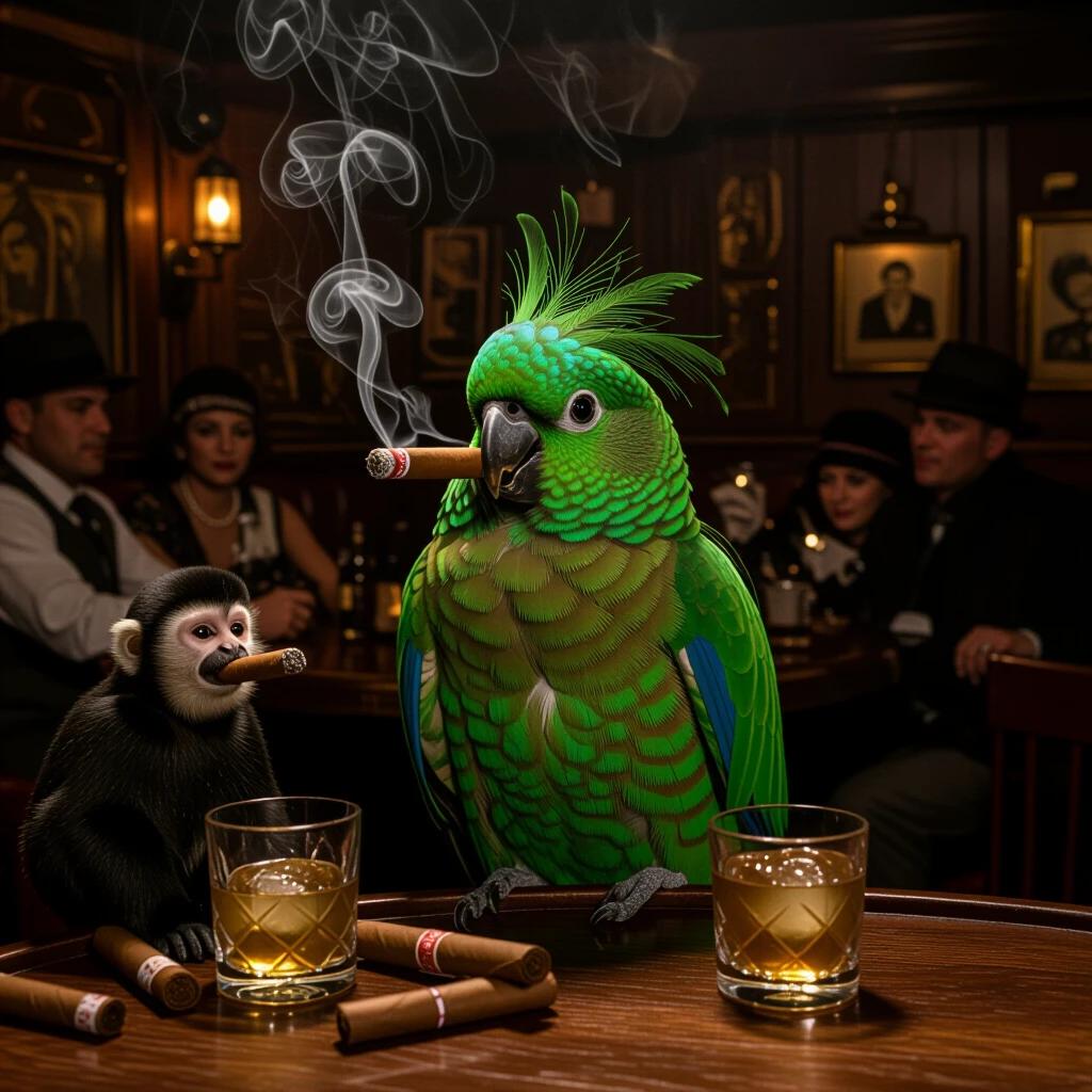A 1920s speakeasy scene with a green parrot and a small monkey. The parrot steals cigars and sips drinks at a table. Patrons are in the background enjoying the atmosphere.