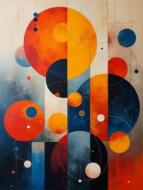 Abstract depiction of euphoria with geometric shapes blending together. Circular and square forms with foggy textures. Inspiration drawn from the style of Wassily Kandinsky. Dominant vivid colors and curves in the background.