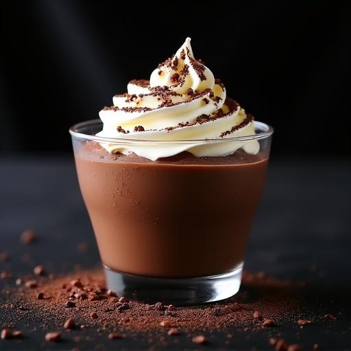 Gourmet chocolate mousse appears in glass cup. Topped with whipped cream and dark chocolate shavings. Gold leaf flakes add elegance. Background features soft black velvet. Cinematic shadows highlight creamy textures. Shot in high definition with macro details.