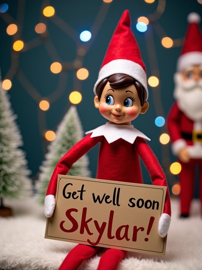 Elf on the Shelf character holds a sign that reads 'Get well soon Skylar'. The elf is dressed in red and white. The background features magical northern lights and snow-covered trees with a Santa figure. The scene conveys cheerfulness and warmth during the holiday season.