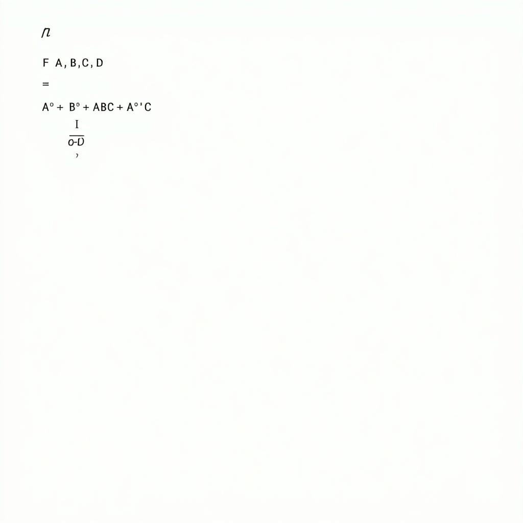 Formula for a Boolean function in digital logic. Variables A, B, C, D included. Equation shows different terms involving complements and products.