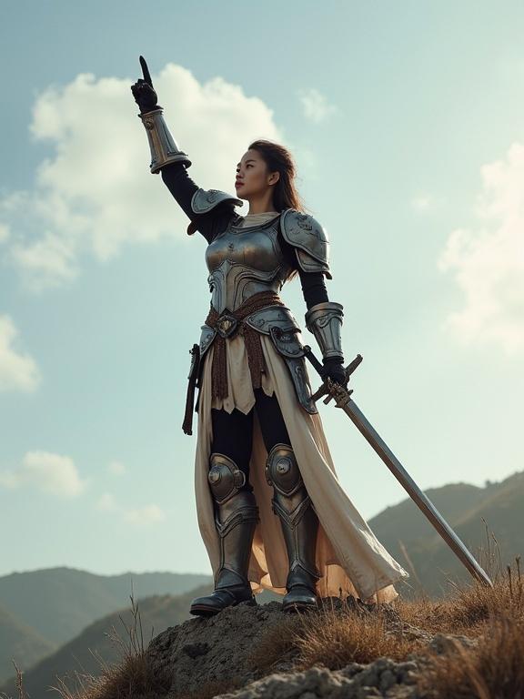 Young woman in warhammer armor cosplay. Standing atop a hill. Holding a sword pointed to the sky triumphantly.