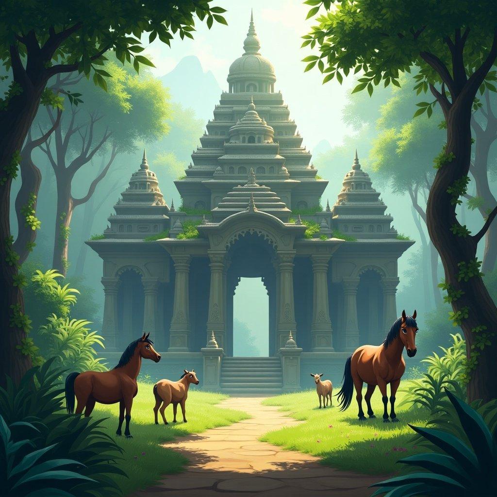 Mystical background for an animated world with an ancient Indian temple. Lush tropical forest surrounds the temple. Grazing animals including horses and goats. Soft, diffused light creates an ethereal atmosphere. Inviting and captivating aesthetic for fantasy adventure.