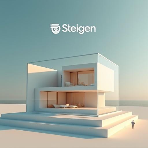 Surreal 3D advertisement scene for Steigen Real Estate. Central object is luxurious futuristic villa with minimal architecture in a floating transparent glass cube. A small human figure stands nearby, interacting in awe. Clean background with color gradient. Official Steigen logo placed at top with slogan at bottom. Overall composition is sleek and cinematic with soft shadows.