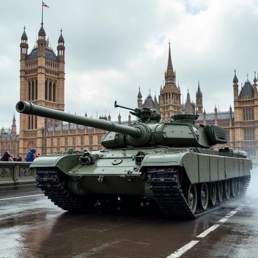 Photo realistic image of a tank positioned outside the British Parliament. The tank is green, with a detailed view of its features. Background displays iconic Parliament buildings. The scene captures a somber atmosphere with overcast sky.