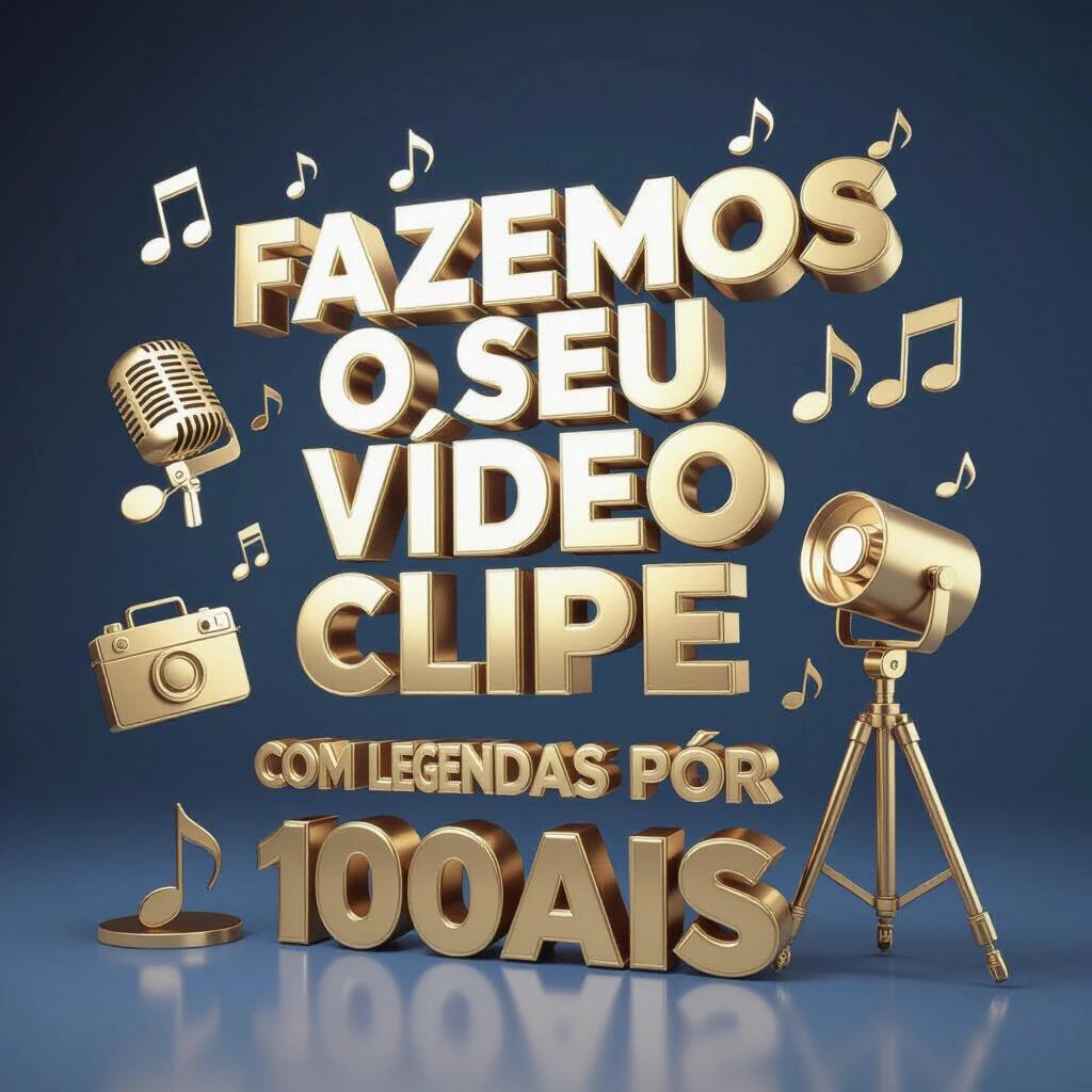 3D text with the phrase 'FAZEMOS O SEU VÍDEO CLIPE COM LEGENDAS POR 100 REAIS' with 3D icons of music, camera, and caption in a modern style with silver and gold effects.