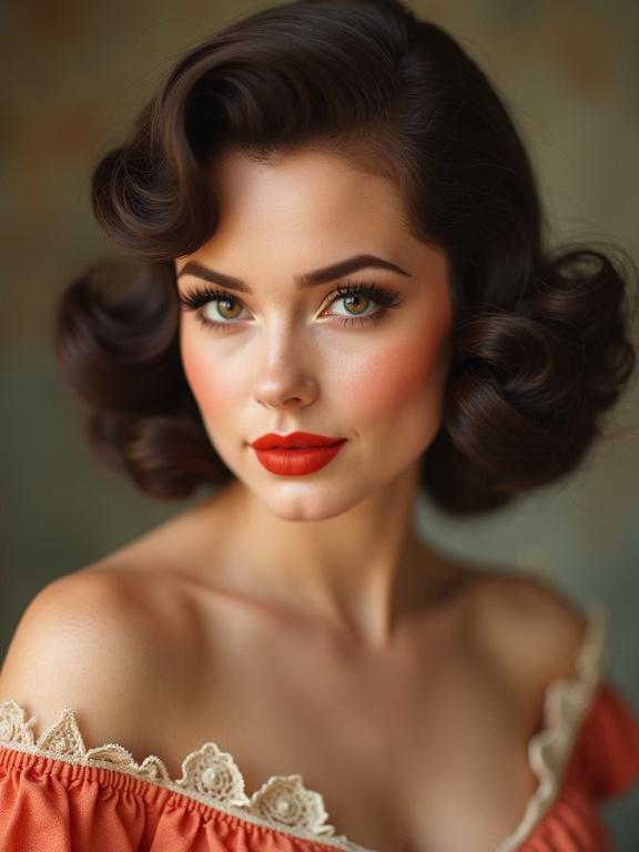 Pinup portrait featuring a chubby woman in a closeup. The model gazes directly at the viewer with vintage appeal. The makeup is classic with defined lips and curled hair.