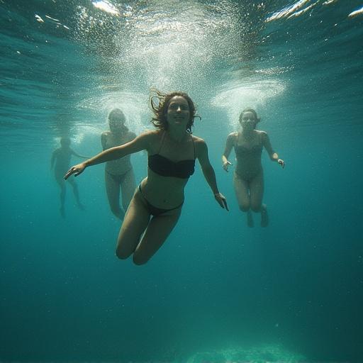 A group of women swimming underwater in a tropical setting.
