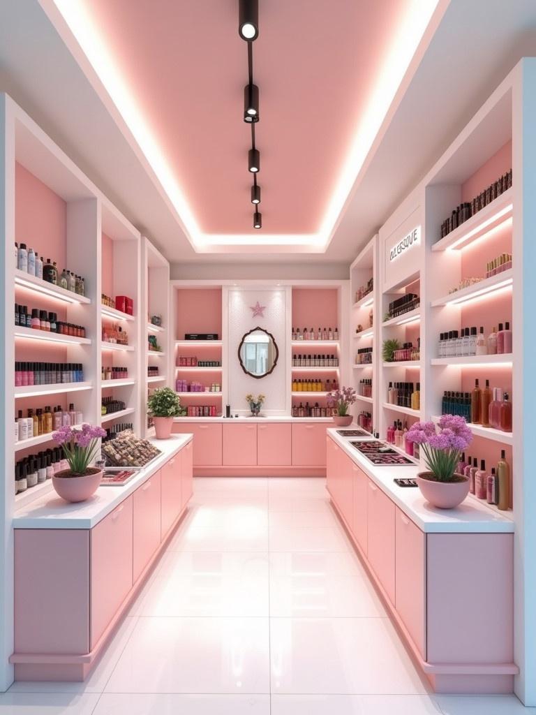 Design an interior for a cosmetics shop named Celestique. Use a second-level shophouse design with white walls and pink accents. The layout is straight, featuring shelves filled with beauty products on either side, and a mirror at the end under soft lighting. The shop measures 6.5 meters in length and 4 meters in width.