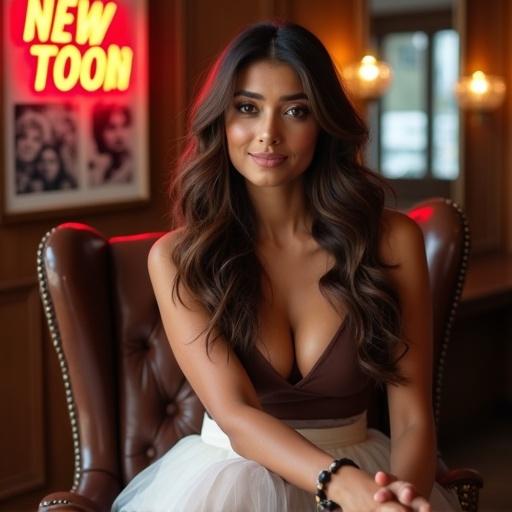 A beautiful woman sitting comfortably in an elegant chair. The room has a Hollywood theme with movie frames and a neon sign. She has long wavy hair and a romantic smile. Wearing a chocolate brown strapless top and a tiered white skirt. The atmosphere is bright and welcoming suggesting engaging conversation.