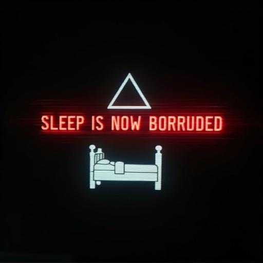 A black background with white bedroom icon. Red text reads SLEEP IS NOW BORRUDDED. Eerie and minimal style adding unsettling mood.