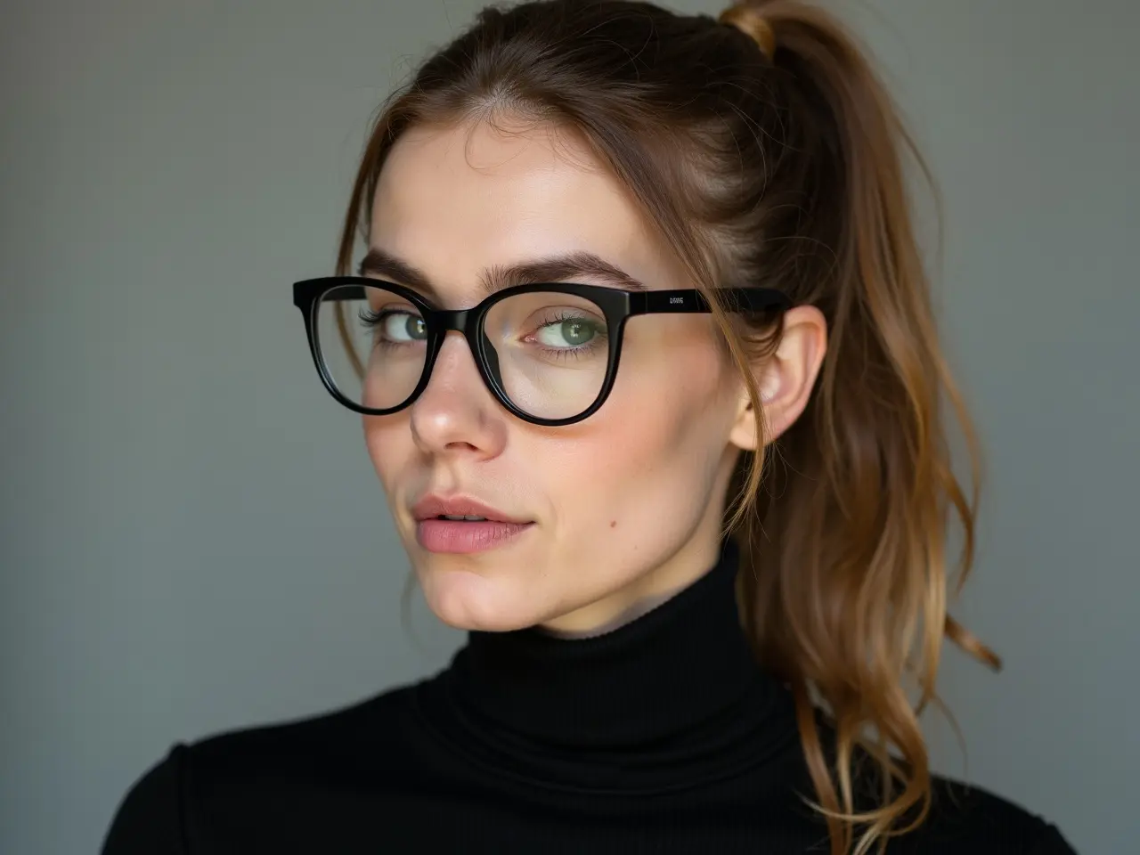 This image showcases a woman with a stylish look. She is wearing a black turtleneck that complements her features. Her ponytail hairstyle adds a youthful touch. The glasses she wears enhance her sophisticated appearance. The soft lighting gives the photo a natural and appealing vibe.