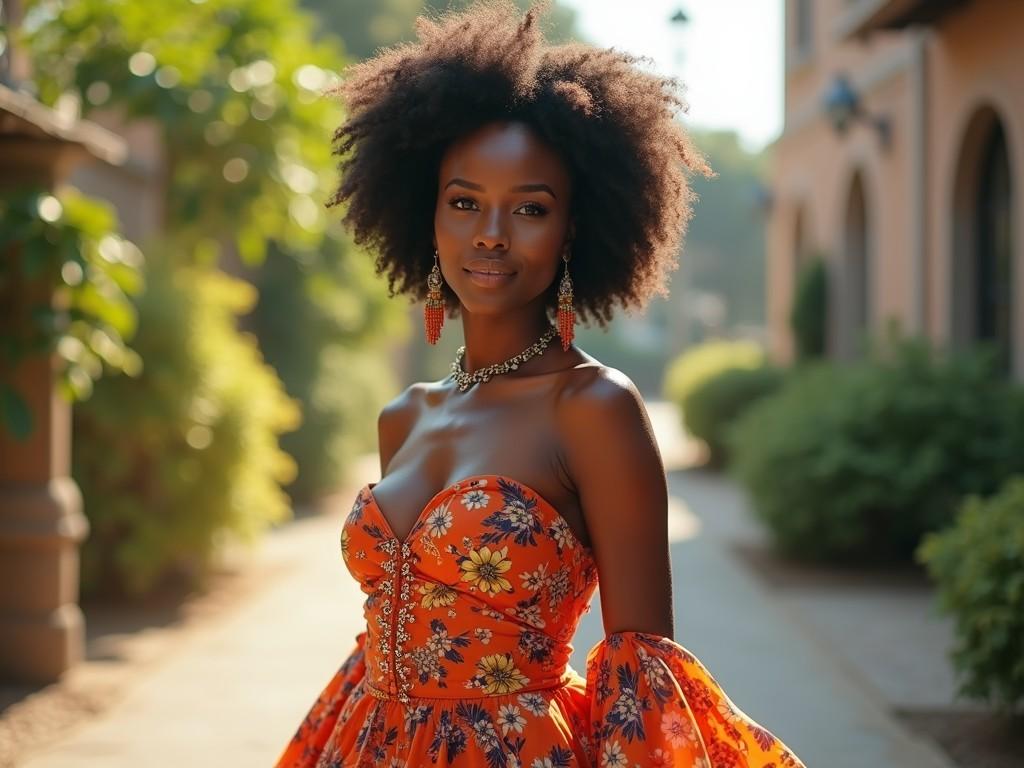 This image captures a woman in a vibrant, floral dress walking through a sunlit pathway. Her natural hair complements the bright colors of her attire, creating a striking contrast with the softly blurred greenery around. Her confident gaze and radiant smile embody a sense of joy and freedom in an idyllic, serene setting.