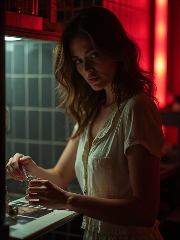 A brunette female photographing in a vintage darkroom. She holds tongs to pick up developing photo paper. Background features photo development equipment and rich shadows under red safelight. Elegant posture and steady hands. Hyper-realistic textures and cinematic depth.