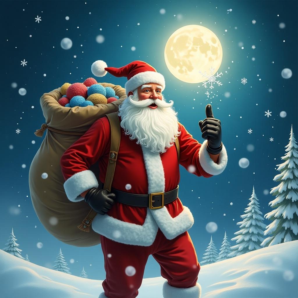 Santa Claus stands in a snowy landscape. He holds a large sack filled with colorful items. Snowflakes fall gently. A bright moon casts light on the scene. Traditional red and white attire adds to the festive mood.