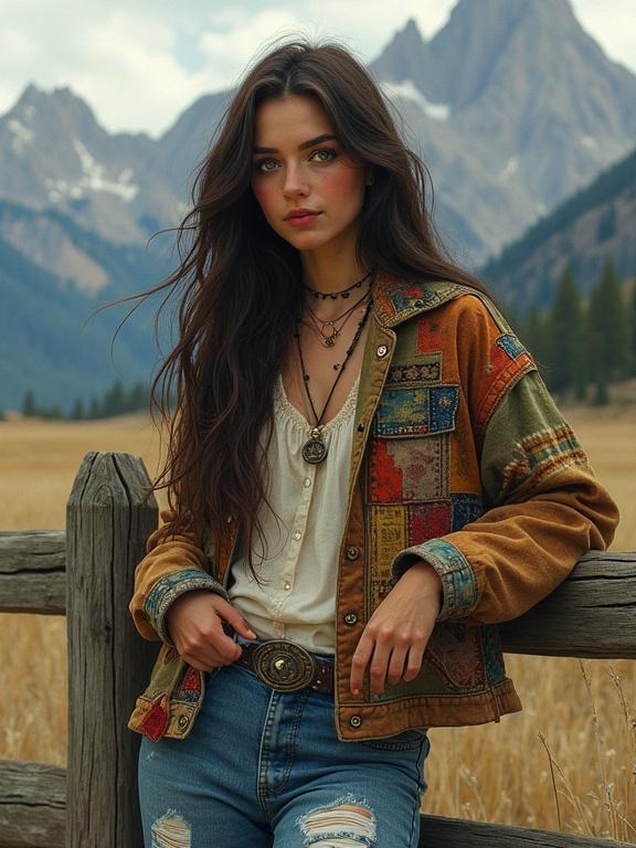 A woman leans against a weathered wooden fence. Majestic Rocky Mountains serve as the backdrop. She wears a patchwork jacket and torn denim pants. Long dark brown hair flows down her shoulders. Soft, diffused lighting creates a warm atmosphere. The scene has a painterly quality reminiscent of famous artists.