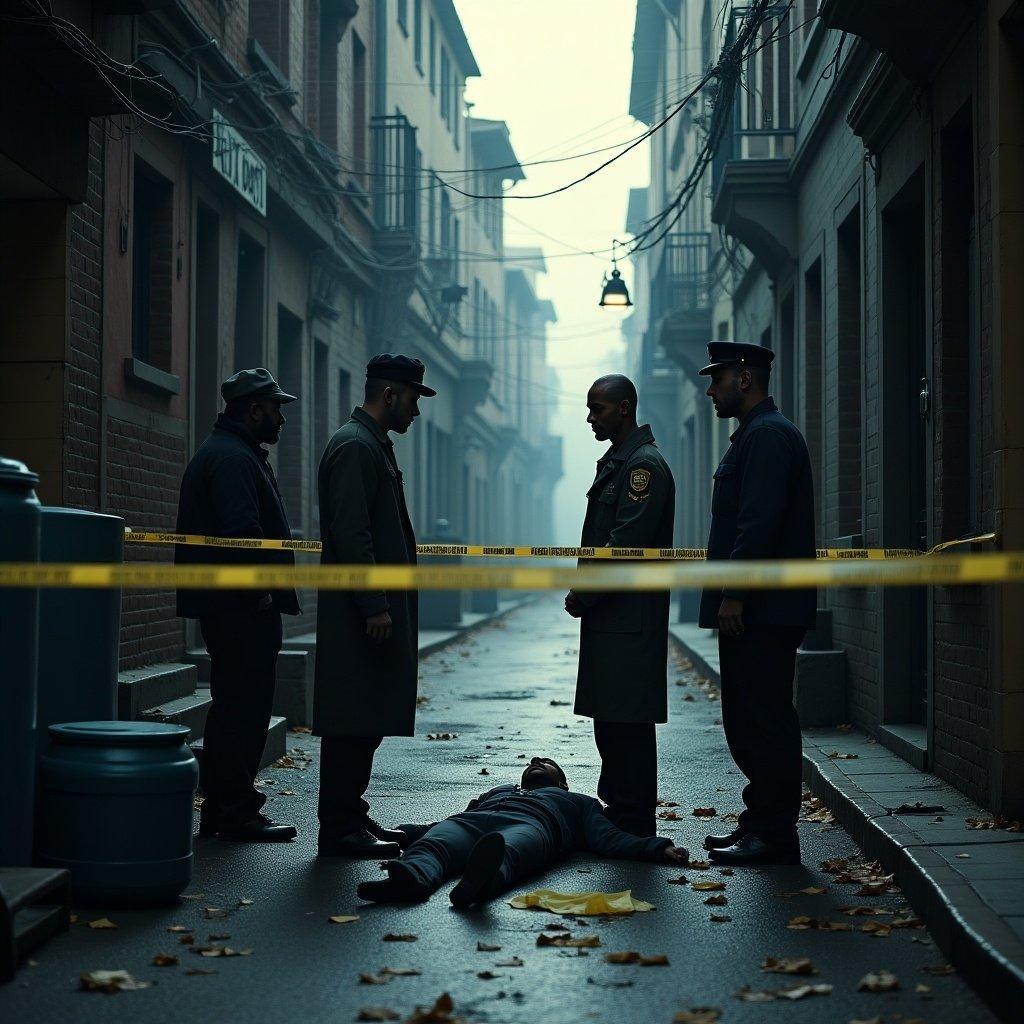 The image portrays a grim alleyway sealed off by police tape, with a lifeless body of a young man lying on the ground. Surrounding him are several figures: a detective, an officer, a forensic specialist, and a witness, all engrossed in the situation. The atmosphere is thick with tension, amplified by the fog and dim lighting typical of film noir. There are fallen leaves scattered on the ground, hinting at autumn. The expression on the characters' faces varies from concern to determination, enhancing the somber mood of the scene.