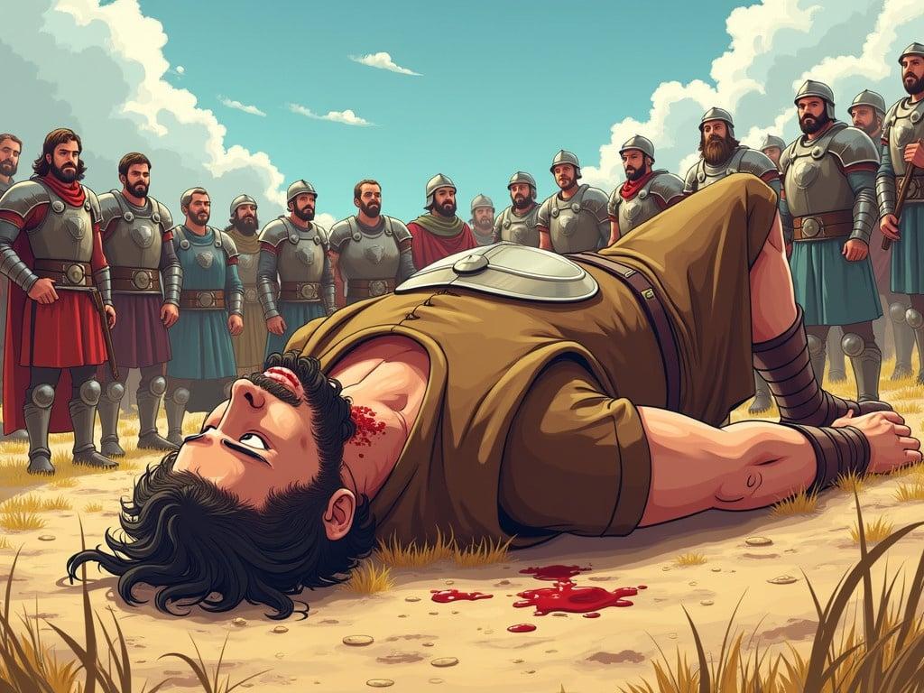 A high angle shot cartoon illustration depicts a towering Goliath lying on his back in a battle field. His forehead is bleeding, showcasing the impact of defeat. Shock is etched on his face, reflecting the disbelief of his current situation. In the background, a group of armored soldiers stands with expressions of awe and triumph. The ground is dusty with patches of dry grass, adding to the atmosphere of a fierce battle. The sky is bright and dotted with clouds, contrasting the somber scene below.