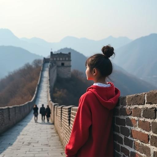 Person standing on the Great Wall. The Great Wall extends into the distance. Mountains are visible. Girl has a red hoodie. Other visitors appear in the background.