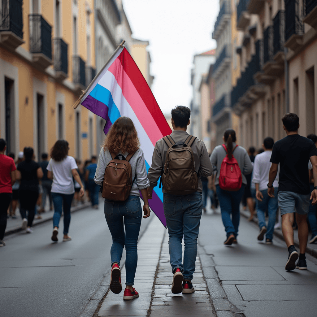 A couple carries a pride flag while walking in a city street among others.