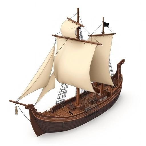 Medieval ship design with sails and masts. Solid color, no shadows, no lighting, vector art style. 2D illustration with matte finish and clean lines. Centered composition on a white background.
