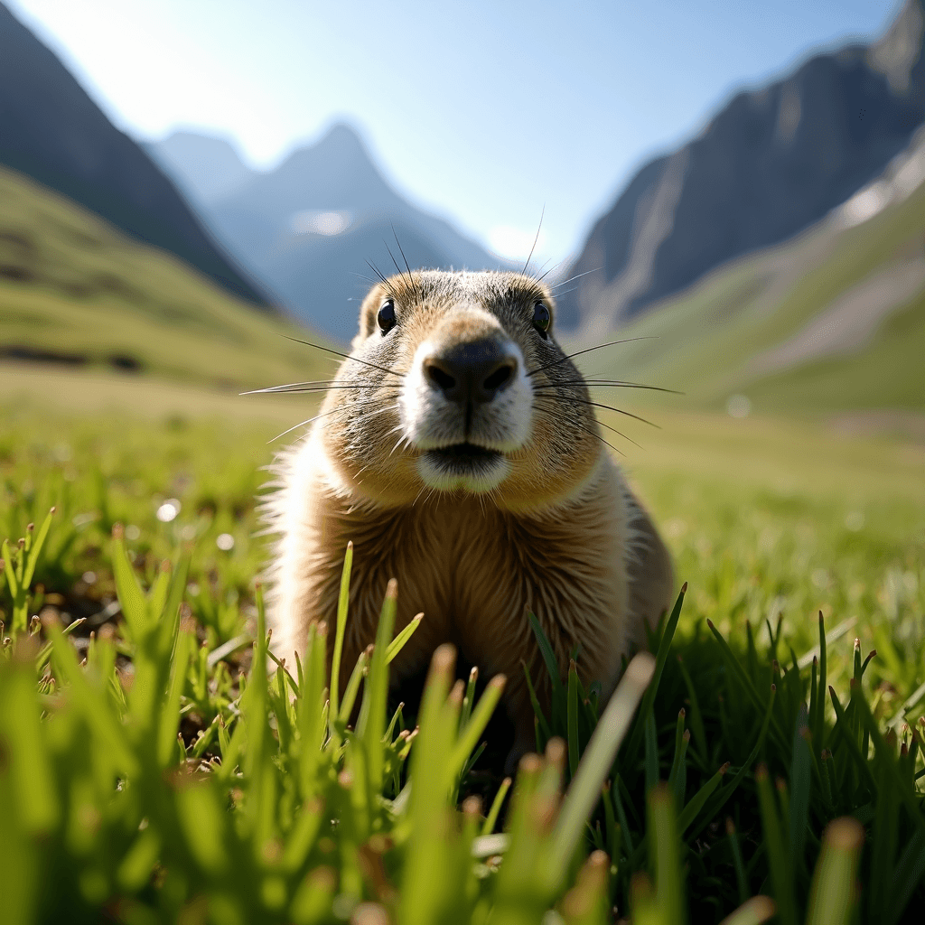 A marmot looks curiously at the camera in a grassy mountain setting.