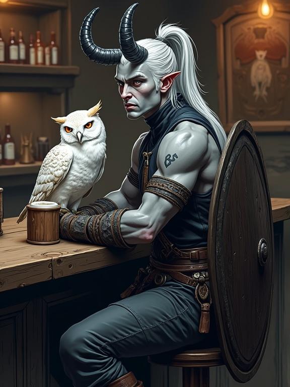 Comic-book-style digital illustration of a tall male tiefling with ash-gray skin and amber eyes. Long silver hair tied in a high ponytail. Sleek black curved horns. Sitting at a bar counter with an anthropomorphic white owl. Holding a mug of beer with a detailed shield nearby. Soft cel shaded with stylized depth of field.