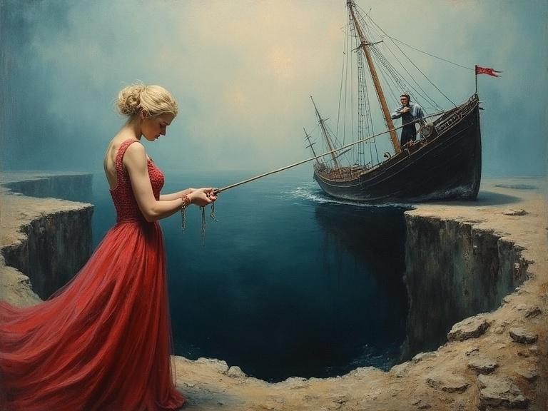 Deep and rich traditional oil painting featuring a blonde woman pulling a ship closer. The scene includes a deep hole and a male figure on the ship wielding a gun. The atmosphere is surreal, extreme, and abstract with misty and gloomy elements. Main colors are red, white, and blue.