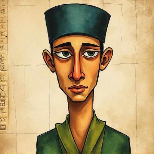 Vintage illustration of a man in watercolor style. Canvas texture pencil drawing with muted colors. Egyptian nose highlighted and flat colors used. Background resembles ancient manuscript. Face exhibits Egyptian style with large outlined eyes and elongated profile. Body displays a green gradient.