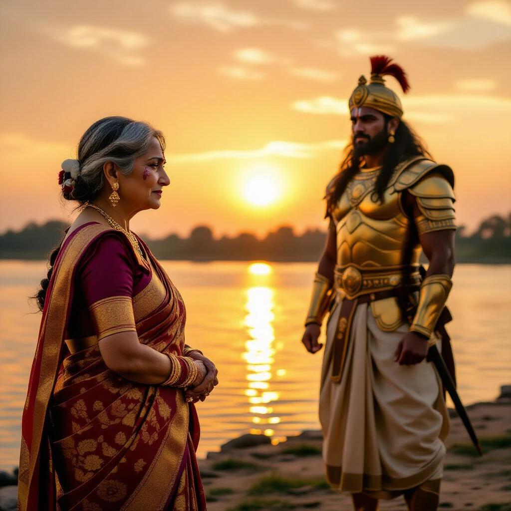 Cinematic scene at a riverbank during sunset. An elderly royal Indian woman in a richly detailed silk saree with a golden border displays sorrow. She turns away with visible tears. A powerful warrior king in golden armor stands behind her, gazing at the glowing sky. His long hair flows in the wind, expressing deep pain. The sunset casts warm light, creating an emotional atmosphere. The mood conveys sorrow and love, captured in a wide-angle composition.