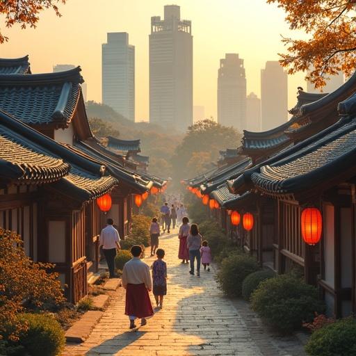 A traditional Korean hanok village is surrounded by modern skyscrapers. Families participate in cultural exhibitions while wearing hanbok. They try traditional crafts and enjoy street performances. The atmosphere is warm and nostalgic. There is a contrast between the hanok rooftops and the tall buildings in the background. Lush greenery and paper lanterns enhance the scene.