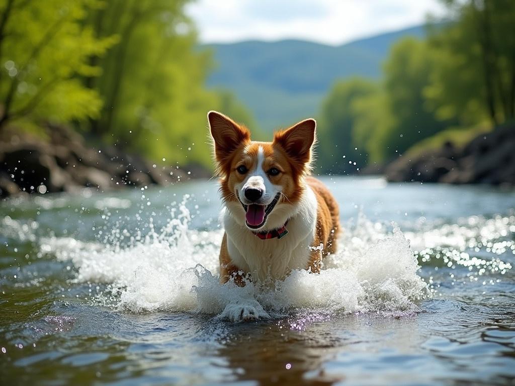 A playful dog is seen splashing through a flowing river. The scene is vibrant with lush green trees lining the riverbanks and sunlight filtering through. The dog appears to be enjoying the water, with its ears flopping as it swims. The river's current creates waves and ripples around the dog, showcasing the energy of the moment. The background features hills that add to the serene atmosphere of the natural setting.