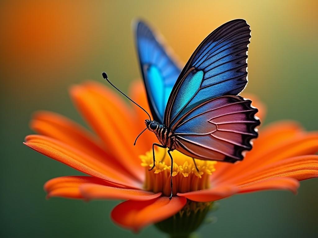 A close-up of a colorful butterfly perched on a vibrant orange flower, with a blurred green background, showcasing the intricate details of the butterfly's wings and the vivid colors of the petals.