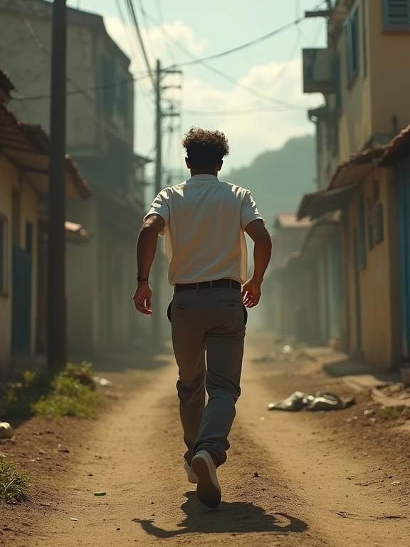 Photorealistic image depicting a hostile favela environment in Latin America. A handsome man with thick short waved hair, dressed in long trousers and a shirt, runs a hundred yards away from the camera. Shot with a 50mm lens, the atmosphere appears hazy and gritty.